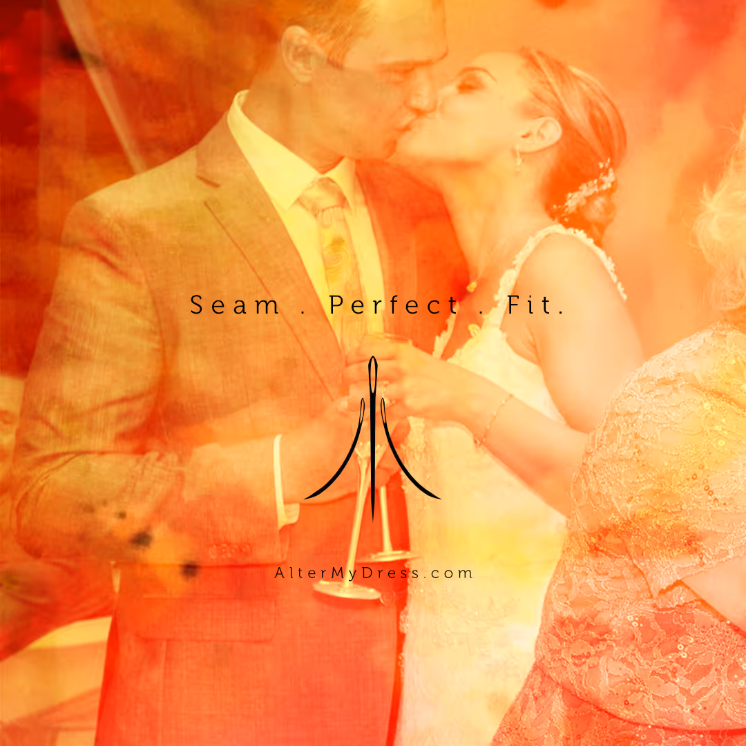 Bride and groom sharing a kiss at their wedding reception with 'Seam. Perfect. Fit.' text and AlterMyDress.com logo overlay.