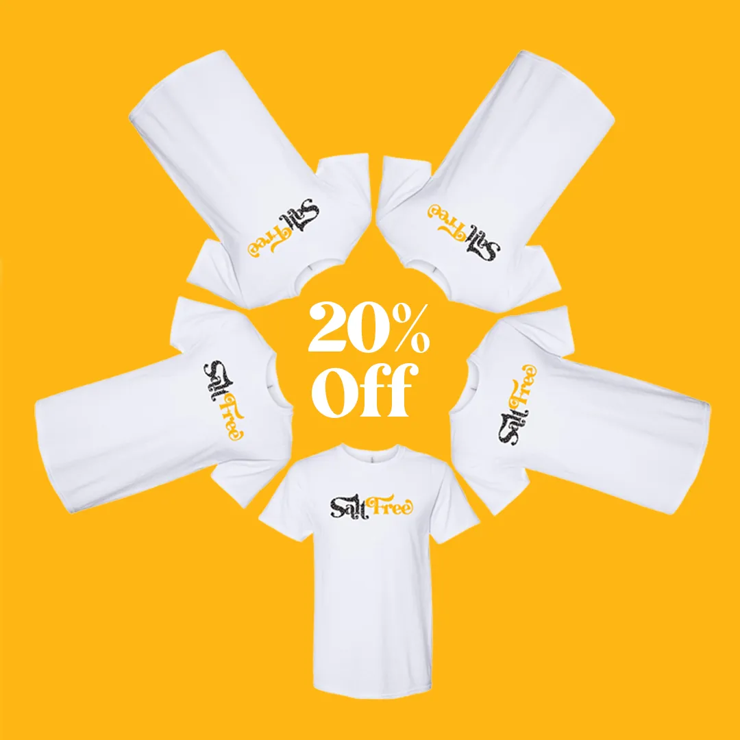 Five white T-shirts with 'Salt Free' logo arranged in a circle around text that reads '20% Off' on an orange background.