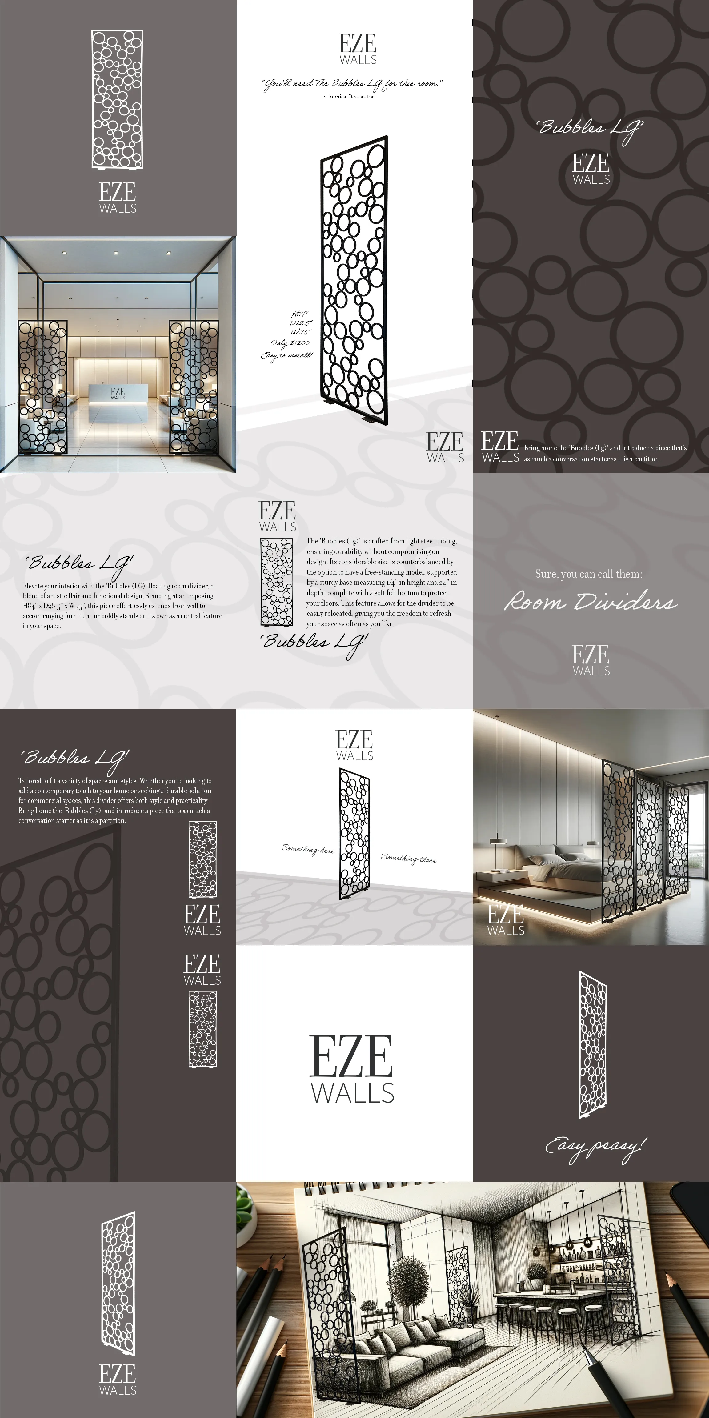 Collage showcasing EZE Walls Bubbles LG room divider designs, including product sketches, room installations, and descriptive text.