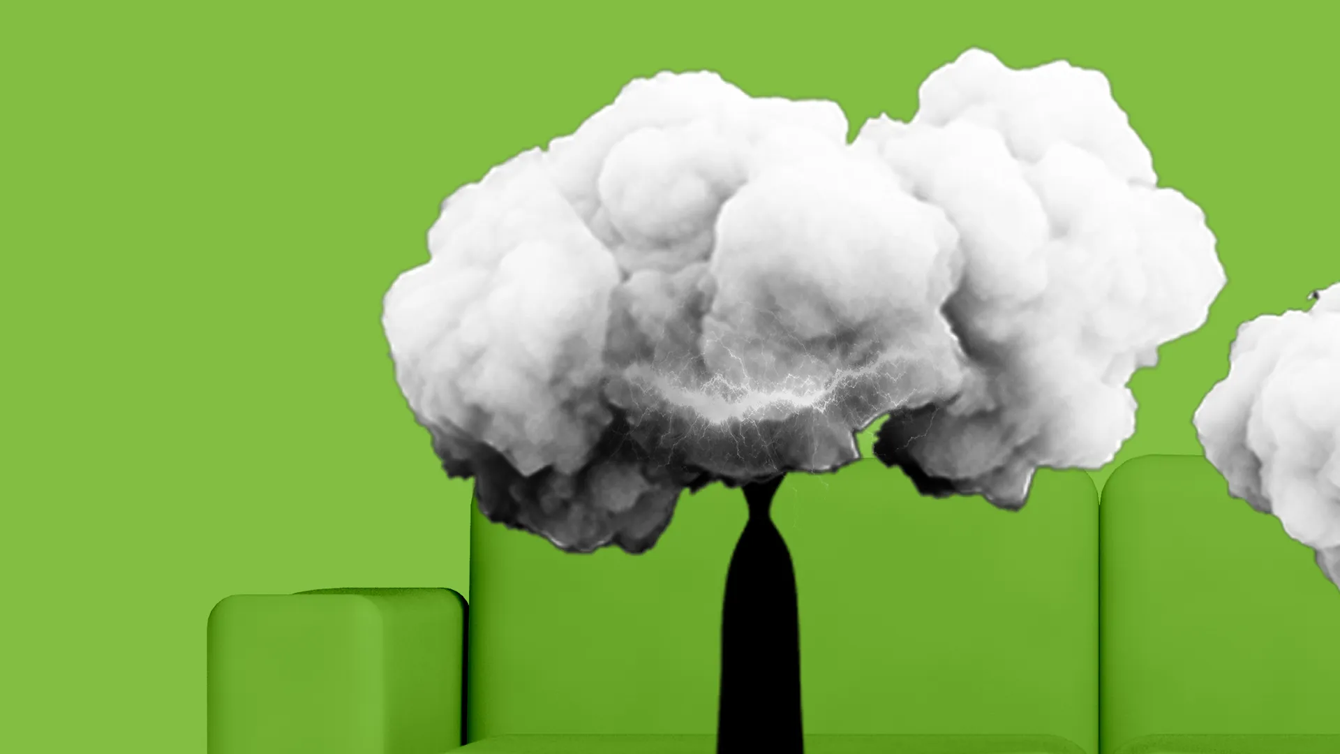 Black silhouette of a person with a large cloud of smoke with lightning above their head on a green couch background.