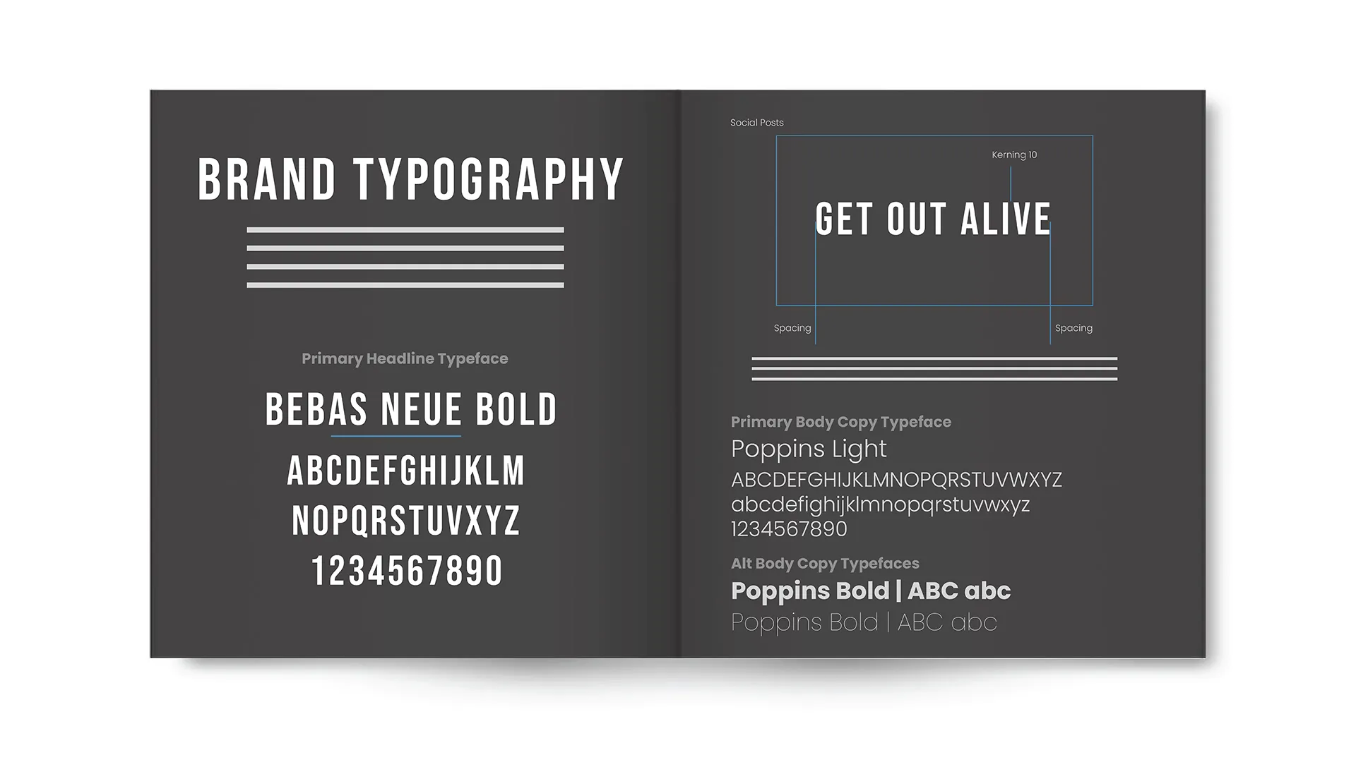 Brand typography guide showing Bebas Neue Bold uppercase letters and numbers, and Poppins Light and Bold typefaces with example text 'Get Out Alive'.