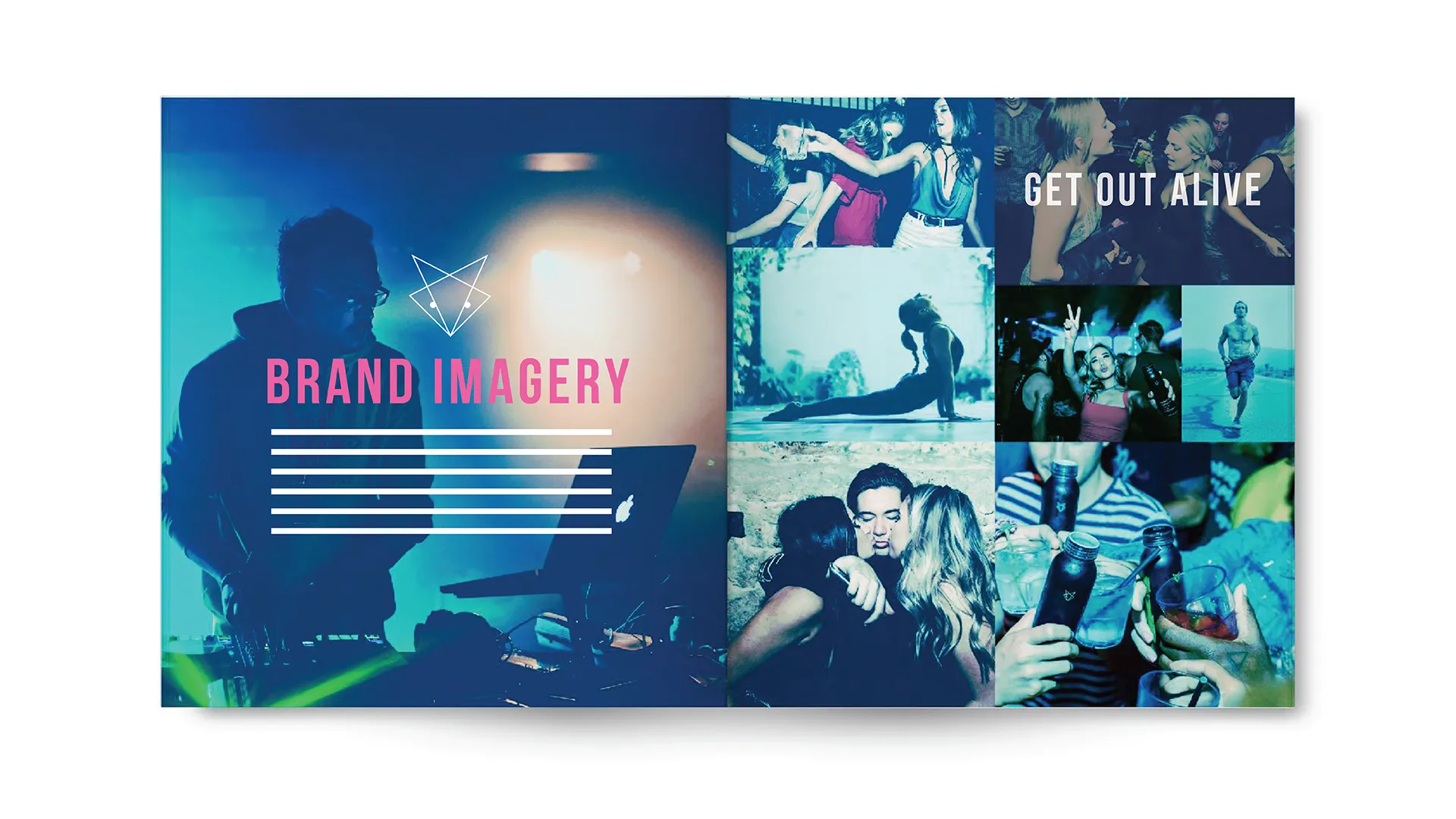 Open magazine spread showing a DJ performing with a laptop on the left and a collage of party scenes, yoga, running, and socializing photos with text 'Brand Imagery' and 'Get Out Alive'.