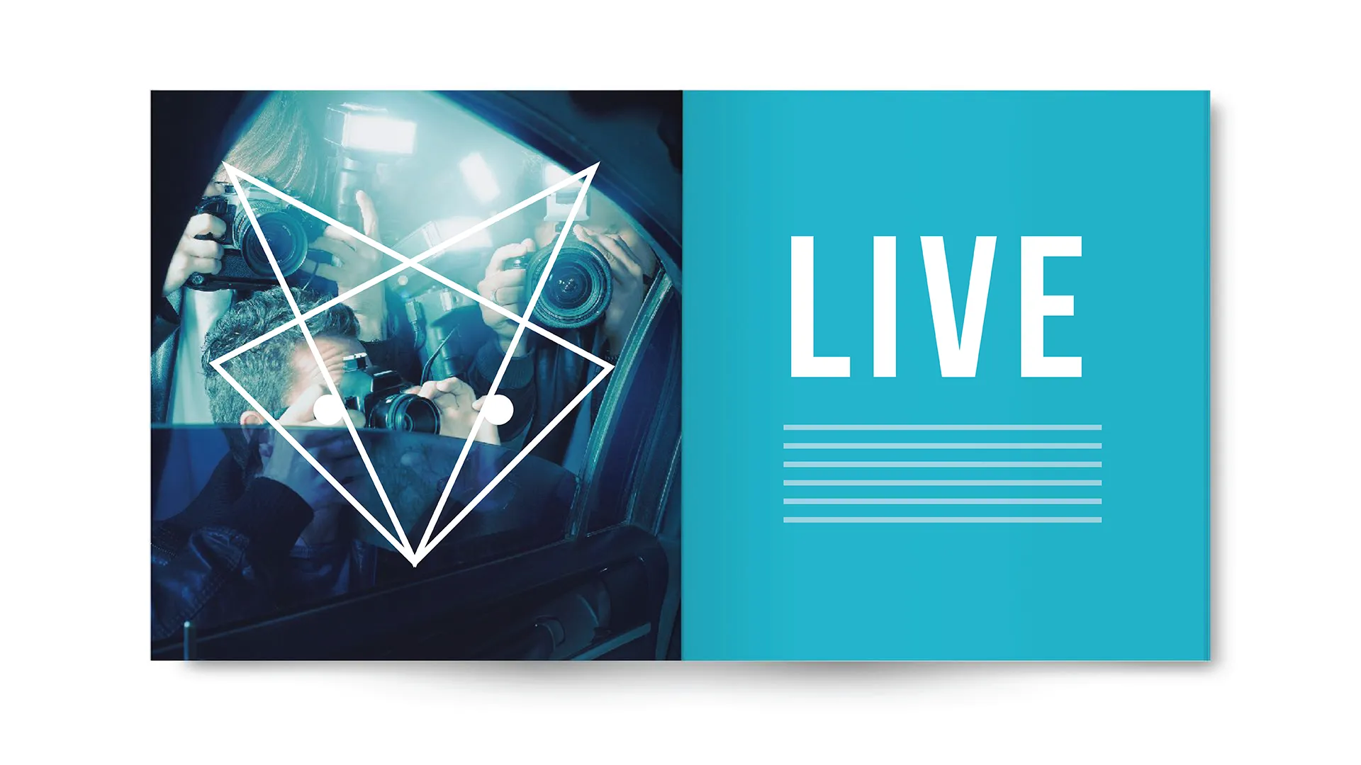 Photographers with cameras and flashes seen through a car window with a white geometric fox face overlay and the word 'LIVE' on a blue background.