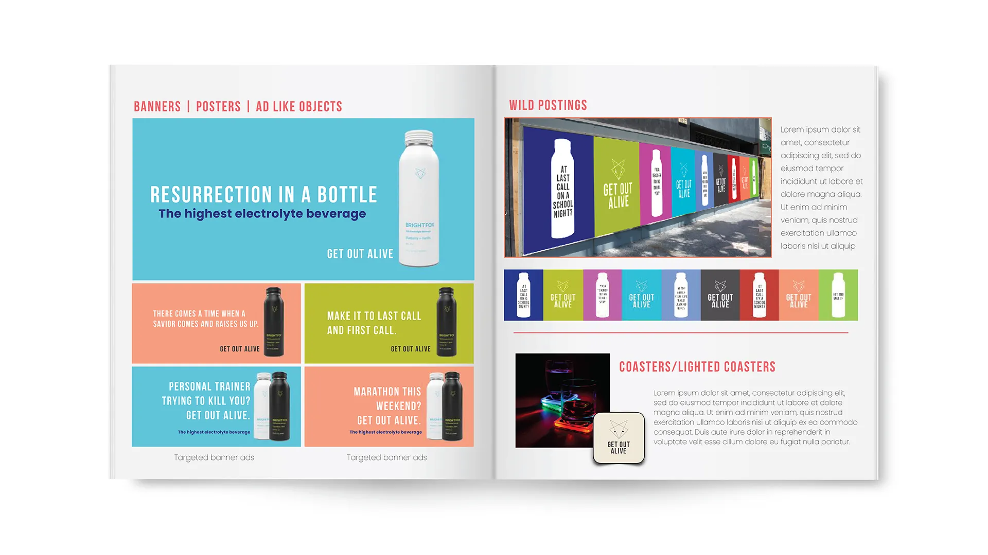 Open magazine spread featuring colorful Brightfox electrolyte beverage ads including banners, wild postings on a wall, and coasters with drink glasses in neon lighting.