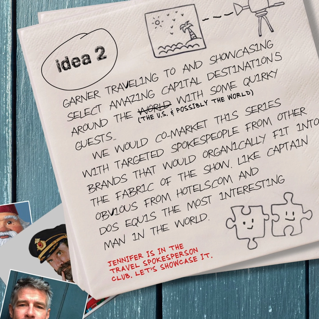 Handwritten notes titled 'idea 2' outlining a travel series concept with quirky guests, featuring doodles of a camera, palm tree, and puzzle pieces, and photos of three men partially visible under the notes.