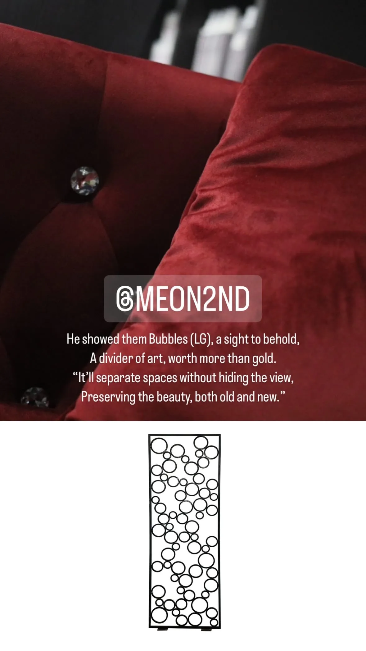 Black metal room divider with circular bubble pattern against a white background, overlaid on a red velvet tufted chair with text about the divider's artistic value.