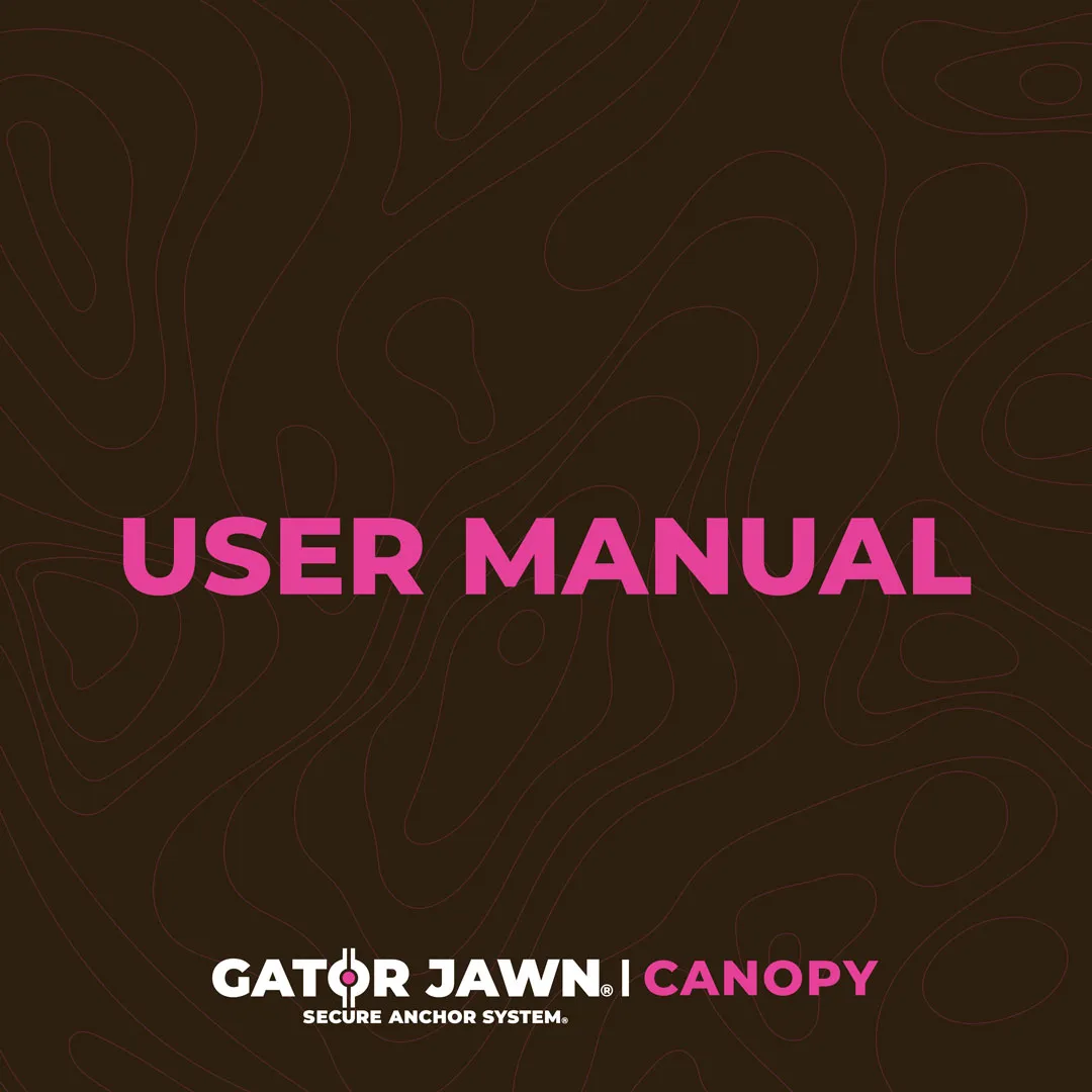 Dark background with pink text 'USER MANUAL' and white and pink logo text 'Gator Jawn Secure Anchor System | Canopy'.