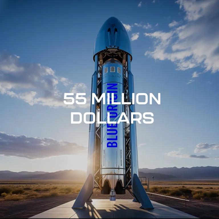Blue Origin rocket standing on a launch pad at sunset with text reading 55 million dollars.